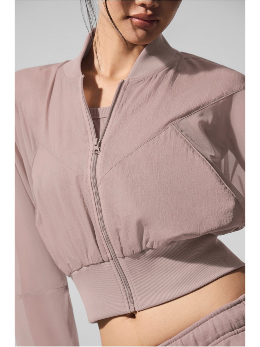 EUC XS Alo Cropped Air It Out Bomber Sheer Dusty Pink Zip Bomber Jacket - Picture 9 of 10